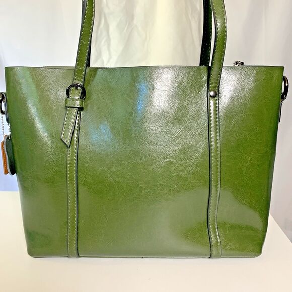 MDBM Maison de Beauté Provence Green Leather Front Pocket Tote Handbag w/ pouch - Picture 6 of 16